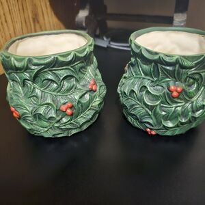 Vintage Hand Painted Ceramic Holly Berry Candle Holders -Holland Mold? Stamped
